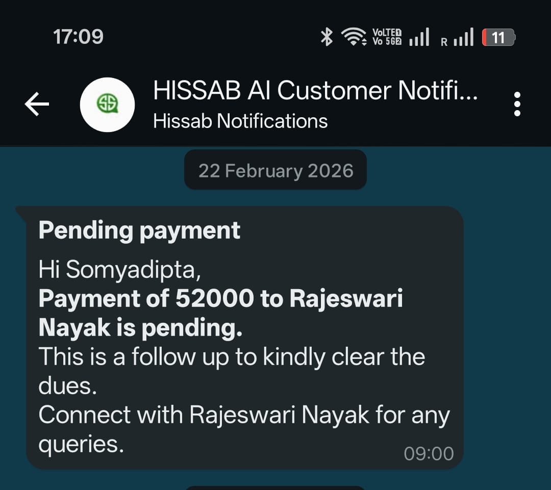 Hissab AI pending bill notification – automated follow-up