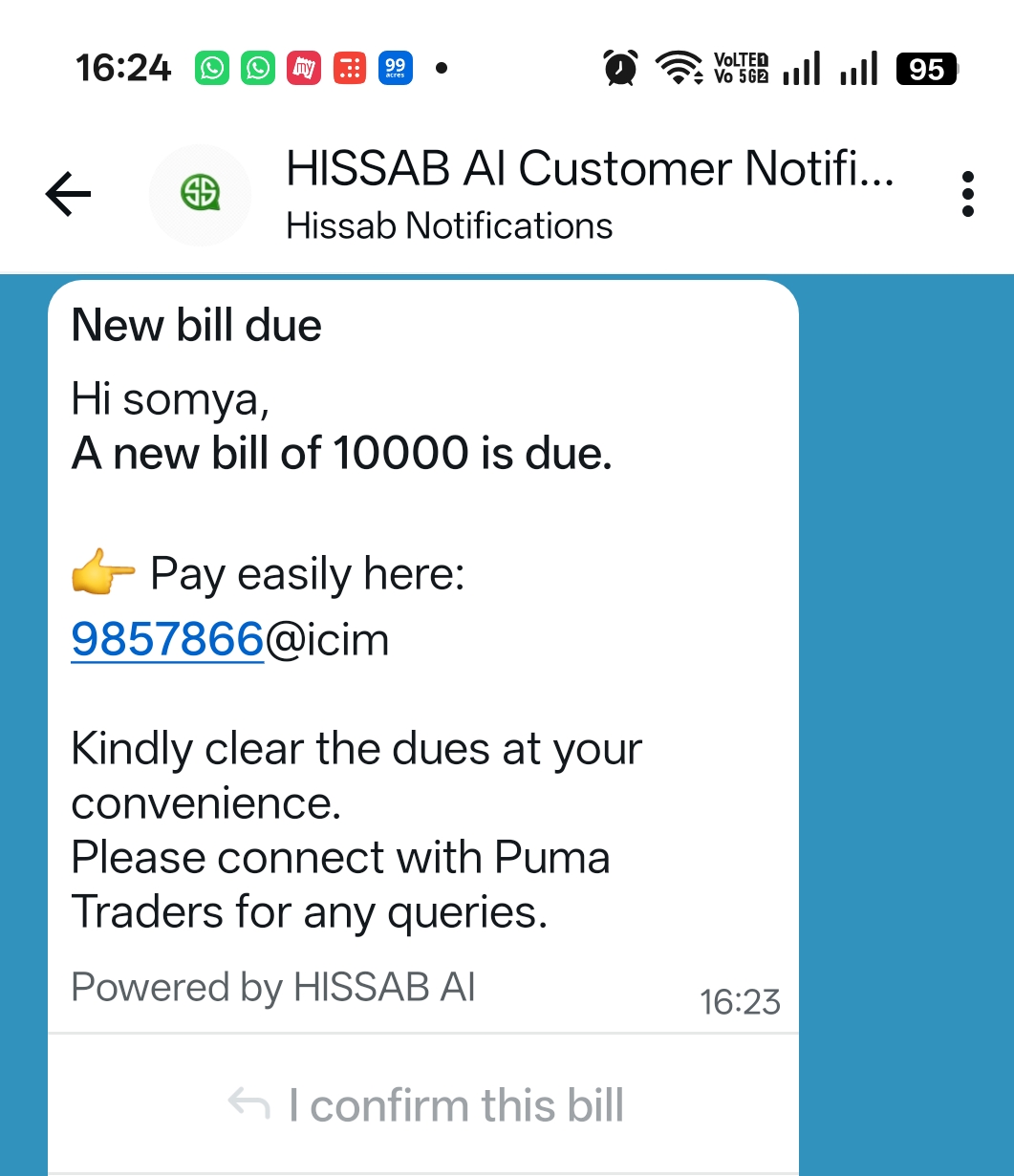 WhatsApp bill alert