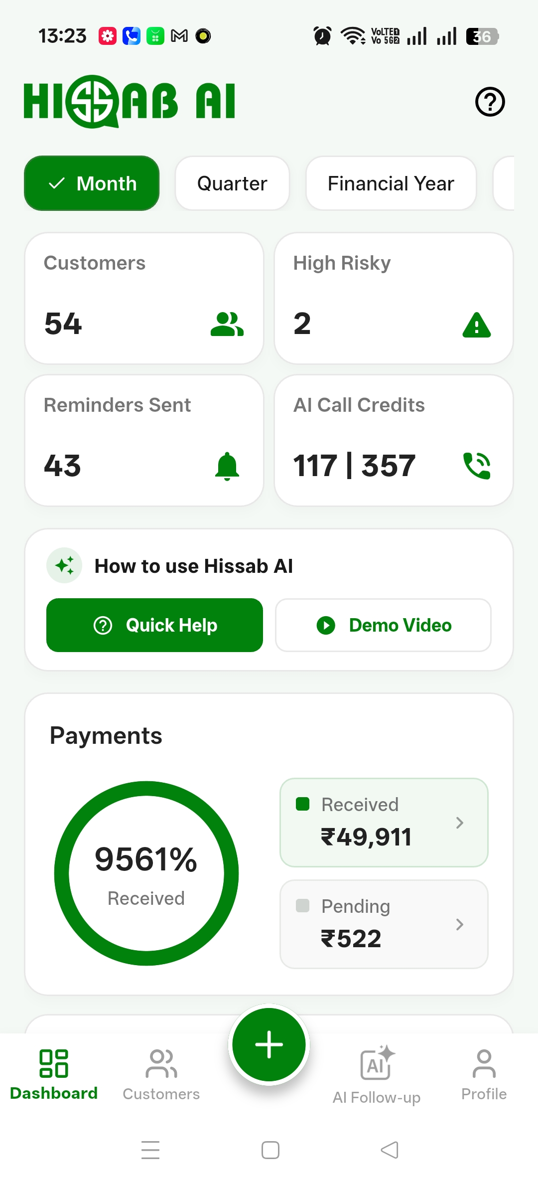 Hissab AI Dashboard on mobile