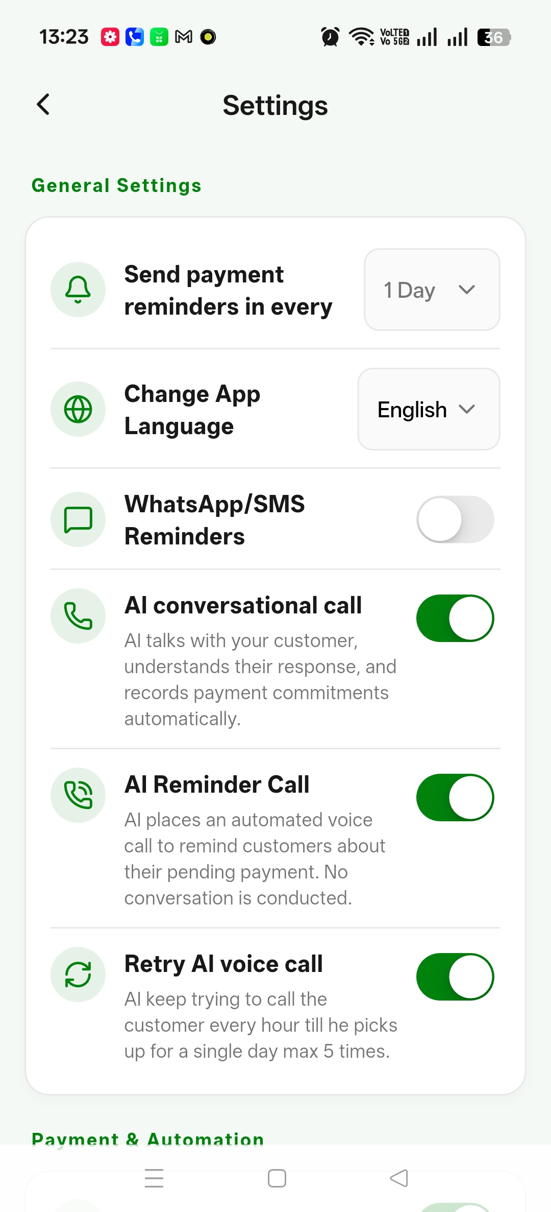 Settings screen